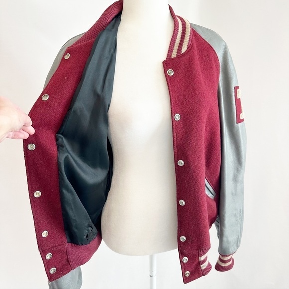 Vintage 50s Leather Wool 71 Varsity Letterman Jacket Snap Button Burgundy 42 Med - Picture 5 of 16